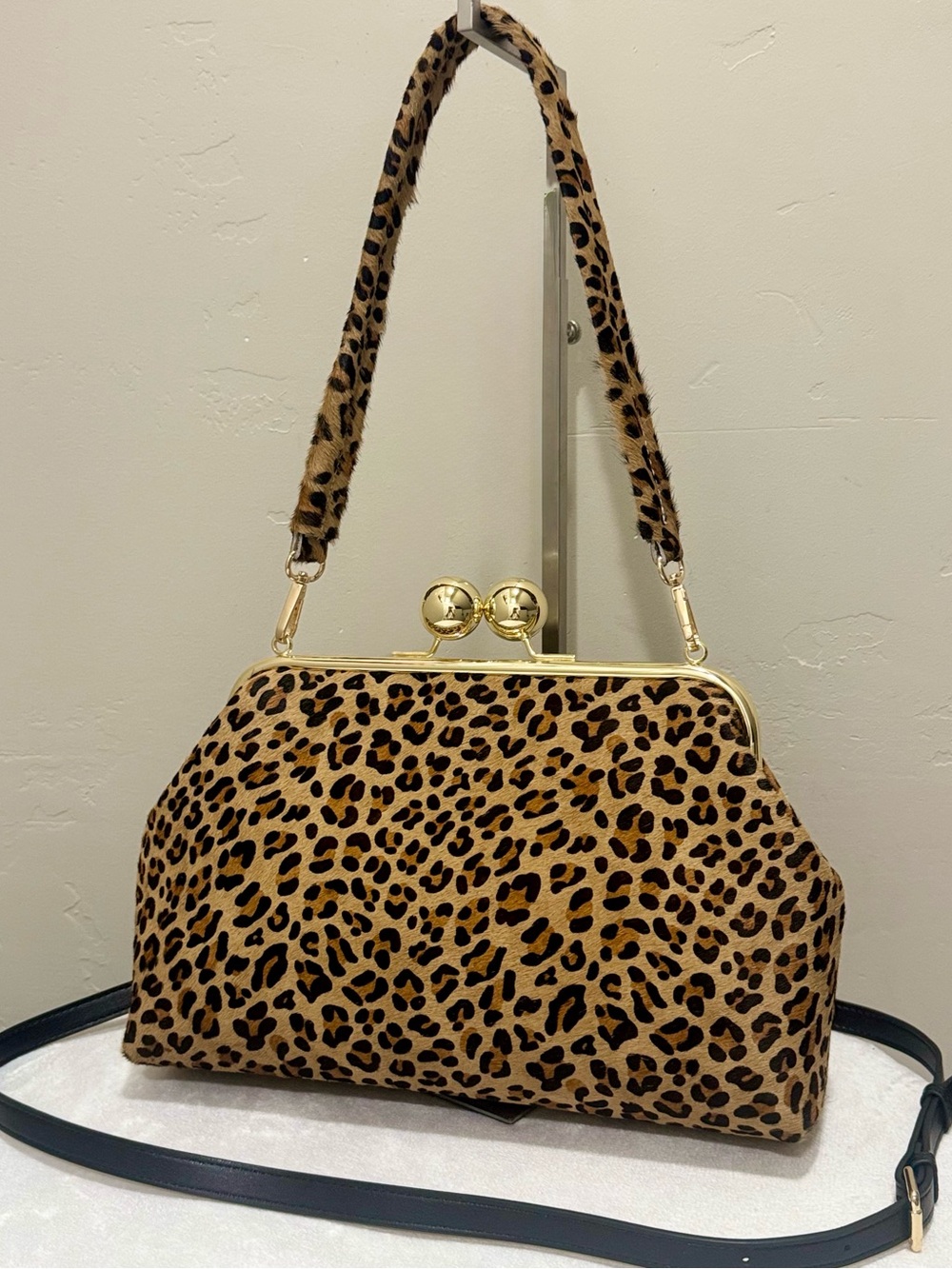 Leopard Print Hair-on Cowhide Handmade Custom Kisslock Frame Bag, & 2 Straps